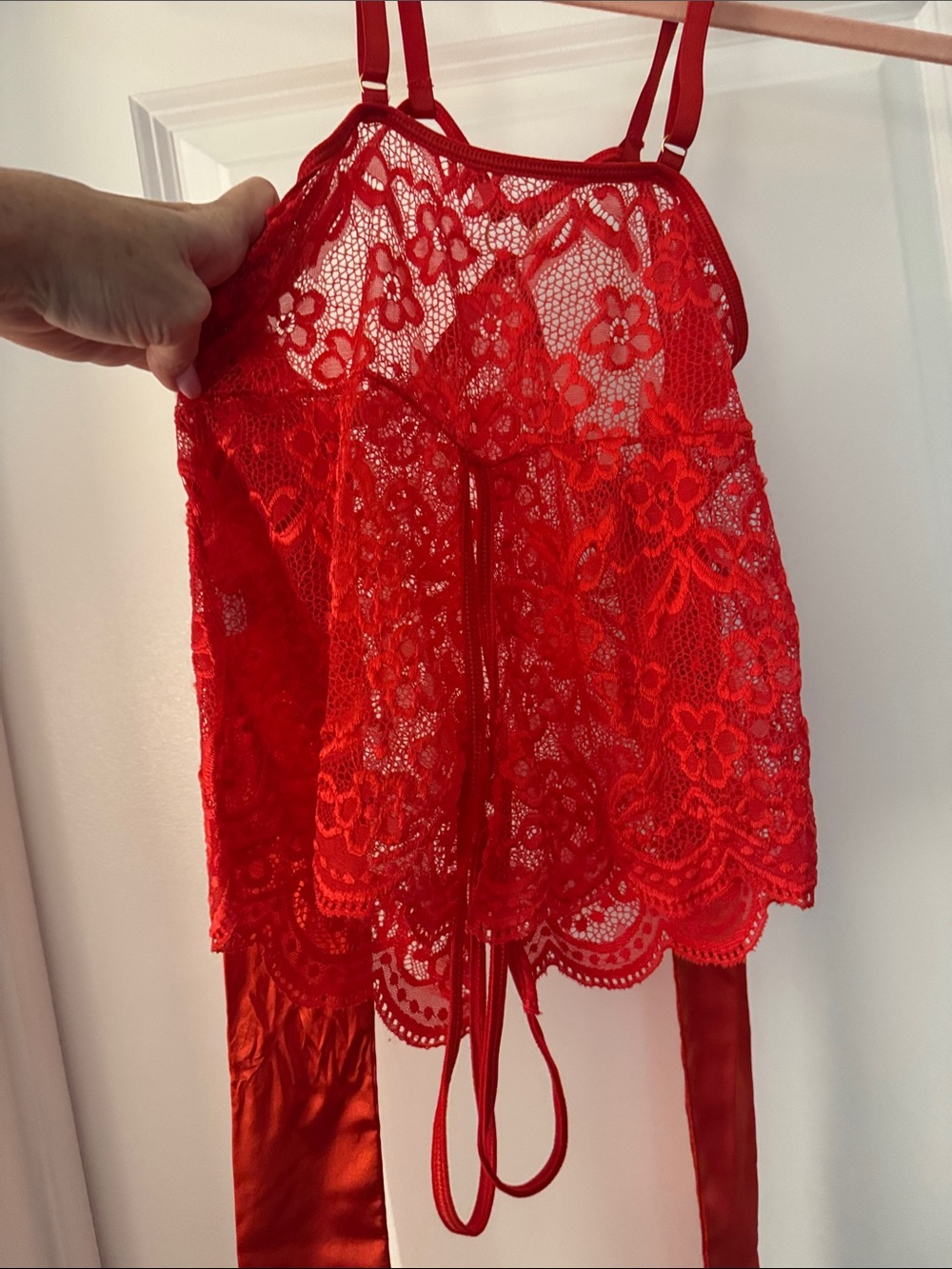 Red Lace Satin-Back crotchless bow lingerie